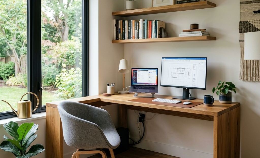 Escritorio a medida junto a la ventana con luz natural lateral y estante de pared