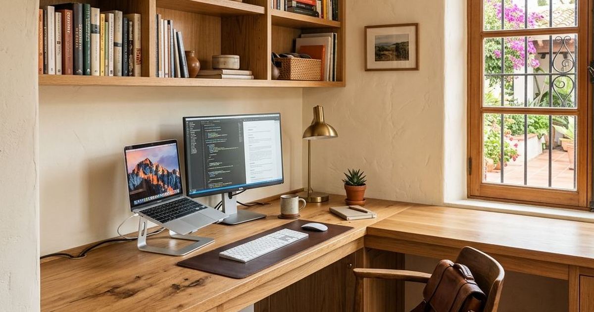 Escritorio esquinero a medida con estanterías integradas para teletrabajar en casa