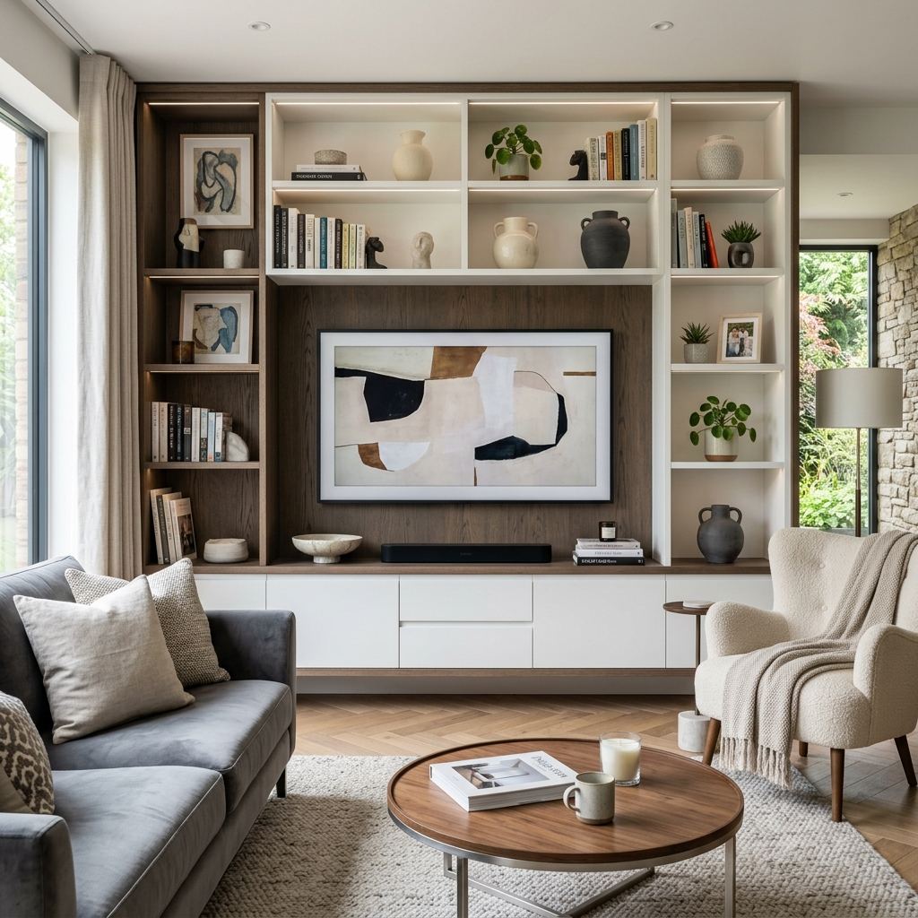Mueble de TV a medida flotante con panel y almacenaje en un salón de Zaragoza