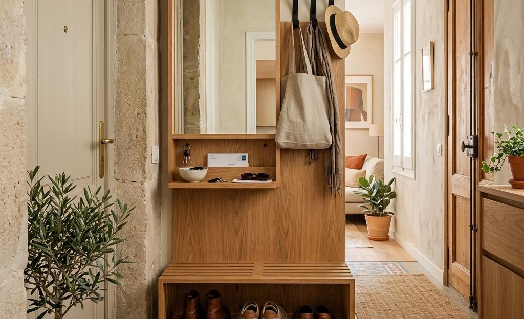 Recibidor con espejo grande sobre un mueble de fondo reducido