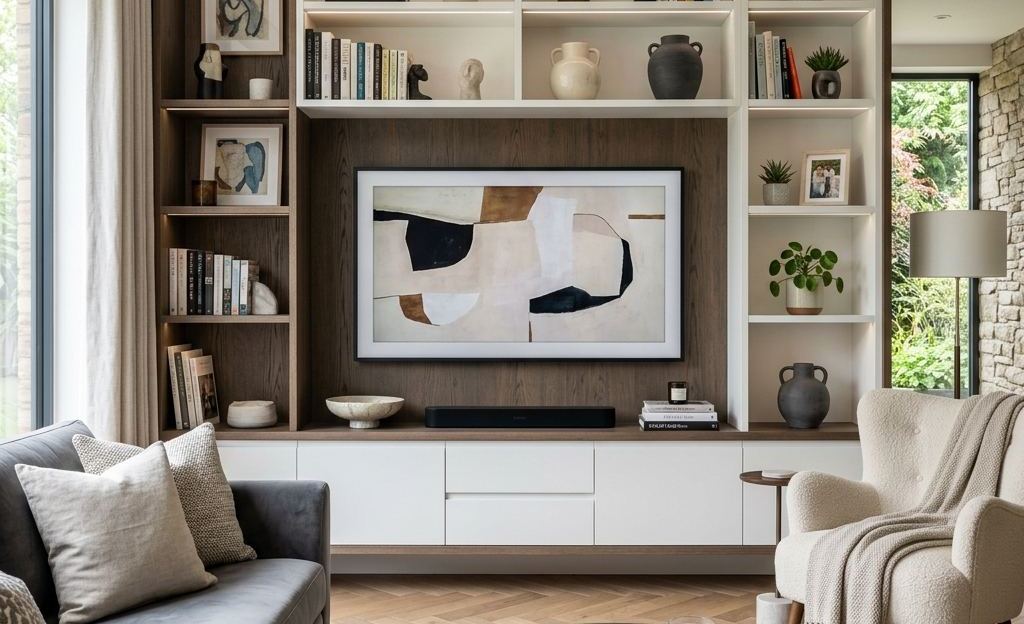 Librería a medida con objetos de decoración, plantas y arte en un salón