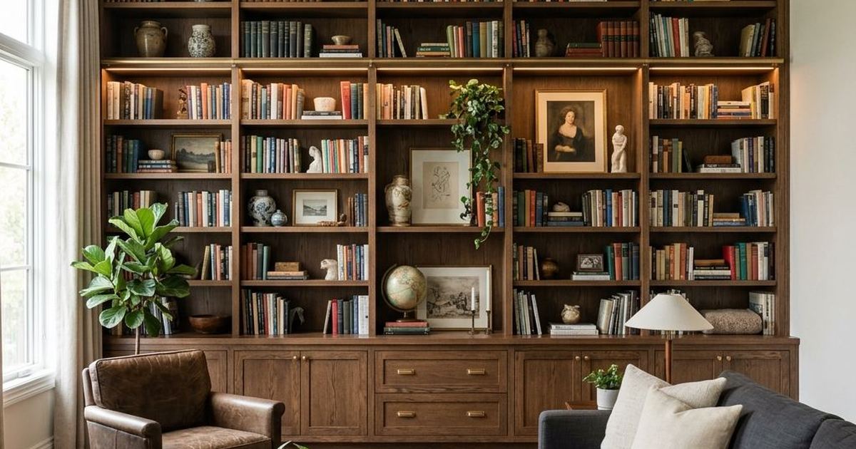 Salón decorado con librería de madera, plantas, lámparas y objetos de decoración