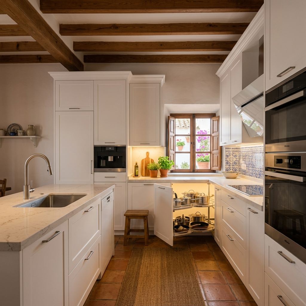 Cocina a medida con muebles hasta el techo y encimera de compacto en Zaragoza