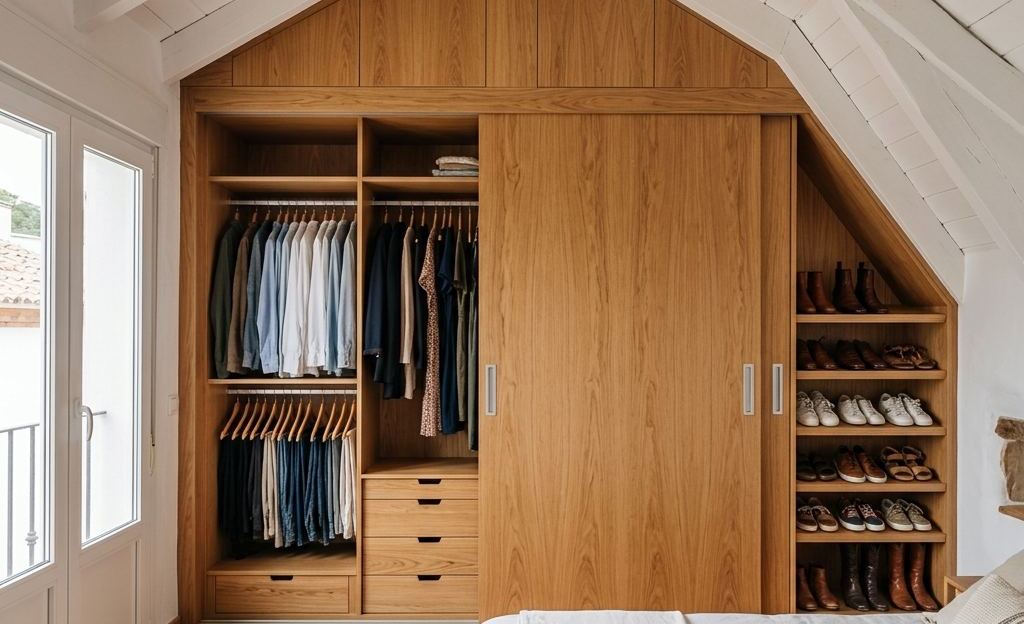 Frentes correderos de madera a medida en un armario de dormitorio
