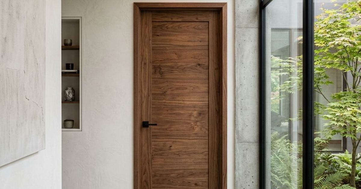 Puerta de madera a medida enrasada en un pasillo con luz natural