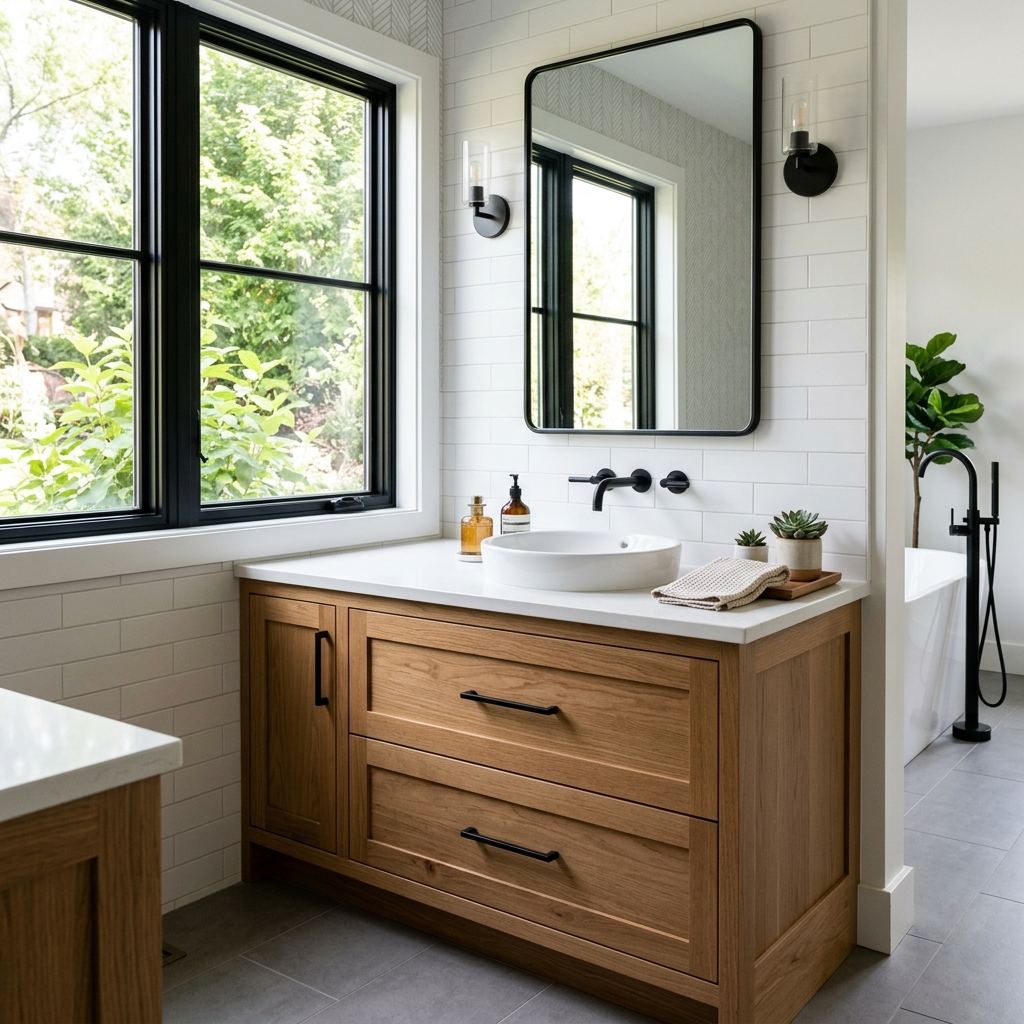 Mueble de baño a medida en madera con cajones bajo el lavabo