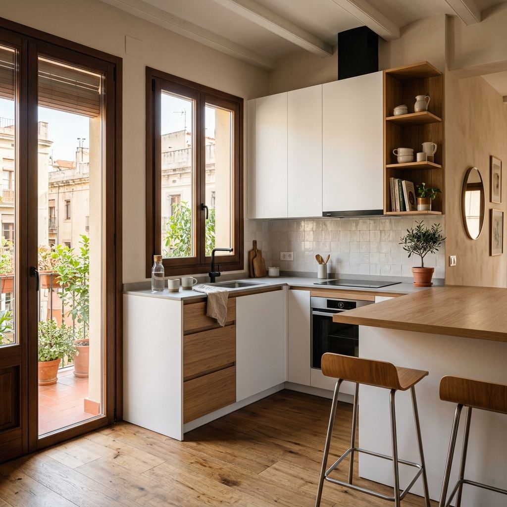 Cocina estrecha a medida con mesa de cocina abatible integrada en Zaragoza