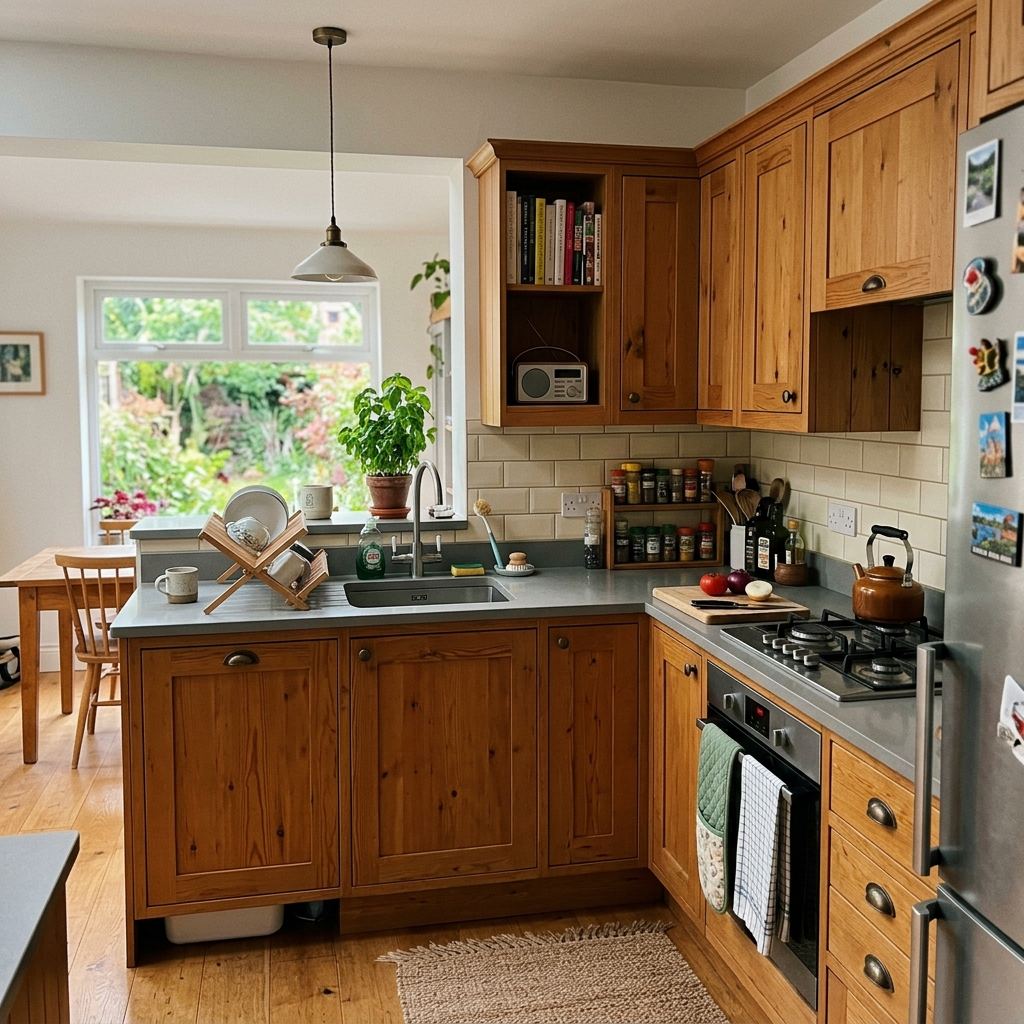 Cocina a medida en madera con mueble rinconero y península