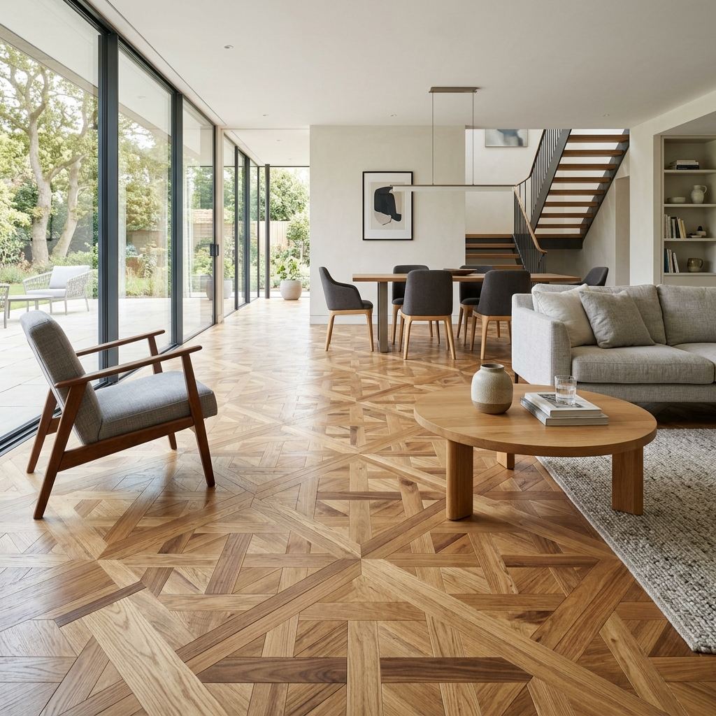 Salón con tarima de madera maciza en espiga